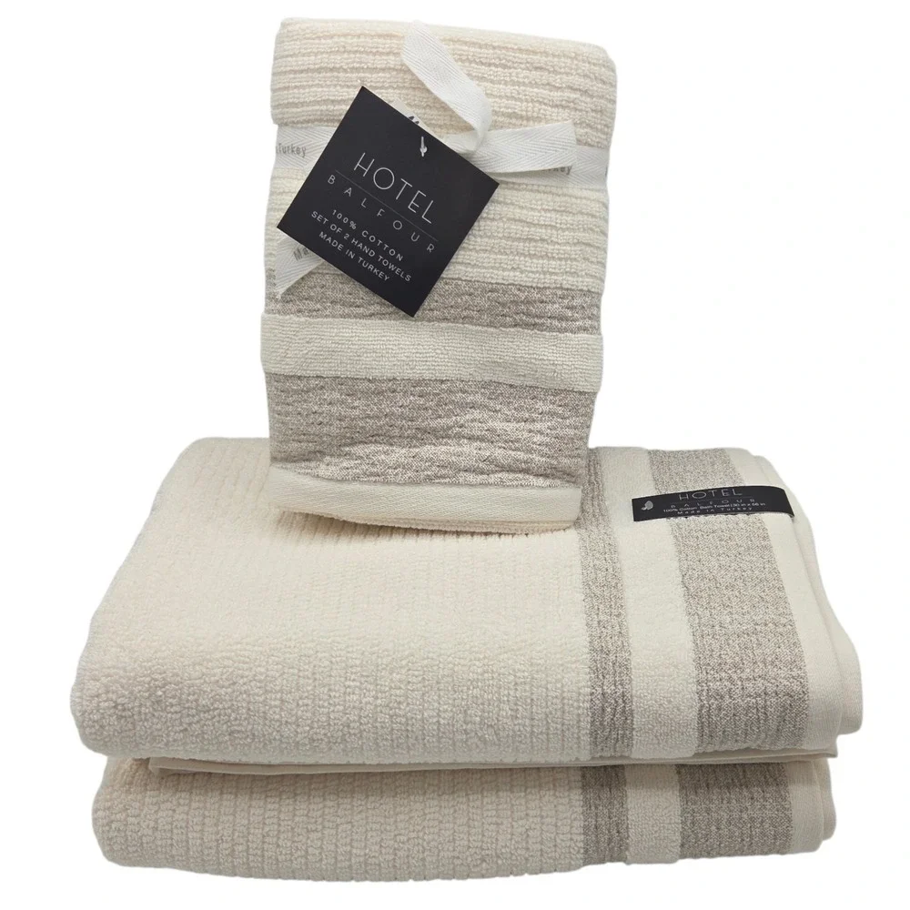 Hotel Balfour 4pc Cream And Taupe Turkish Cotton Towel Set 2 Bath 2 Hand